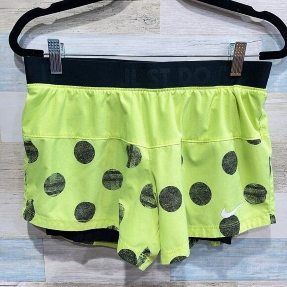 NIKE Icon 2 In 1 Dri Fit Running Shorts Neon Green Black Polka Dots Womens Small - Picture 2 of 7